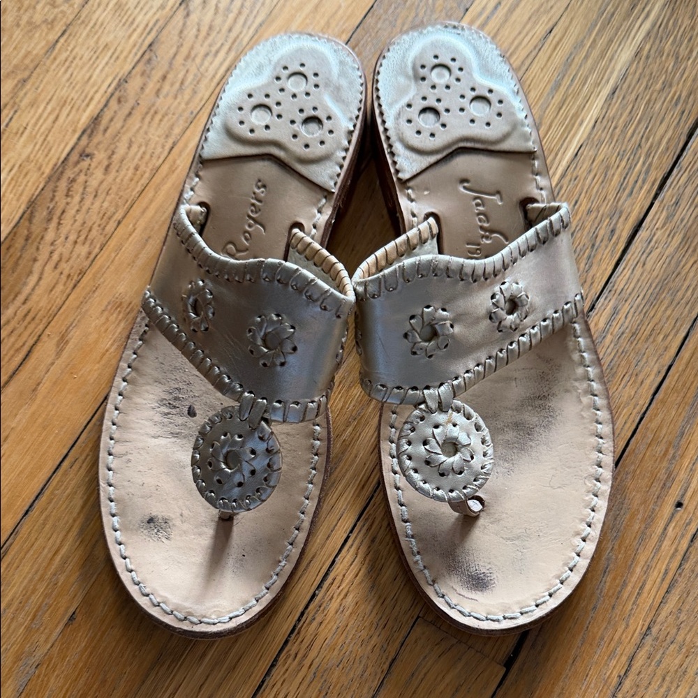 Jack Rogers Beige Leather Thong Sandals with Whipstitch Detail